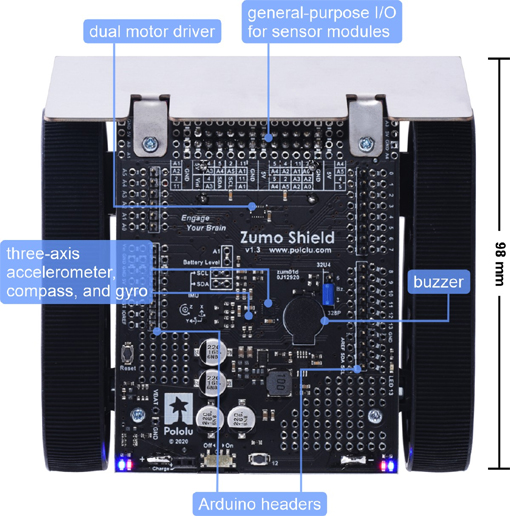 Détail de la platine Pololu Zumo Shield v1.3