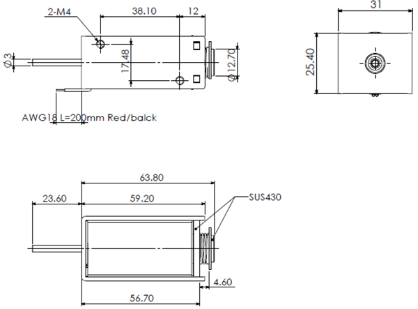 Dimensions du solénoïde électro-aimant 12V - 7,5W